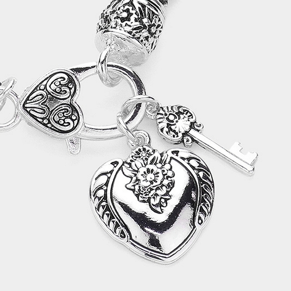 Silver Antique Heart Pendant Style Dangling Charm Bracelet Braided Metal Key - Picture 2 of 3